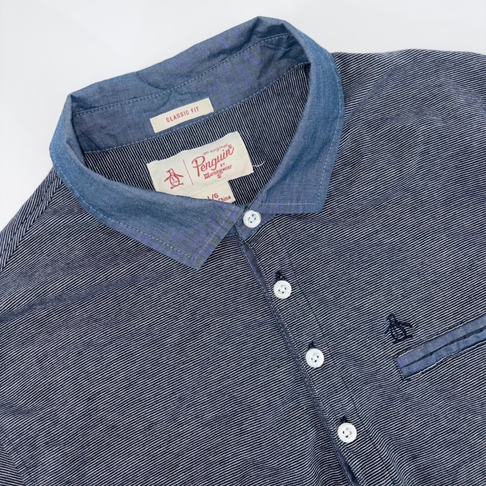 Original Penguin Mens Classic Fit Polo Shirt Navy Blue Micro Stripe Large